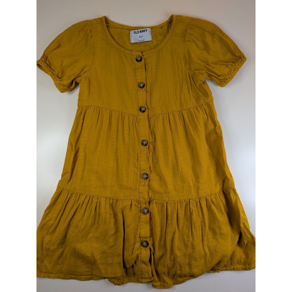 Old Navy Girls Size 5 Mustard Yellow Button Front Tiered Puff Sleeve Dress